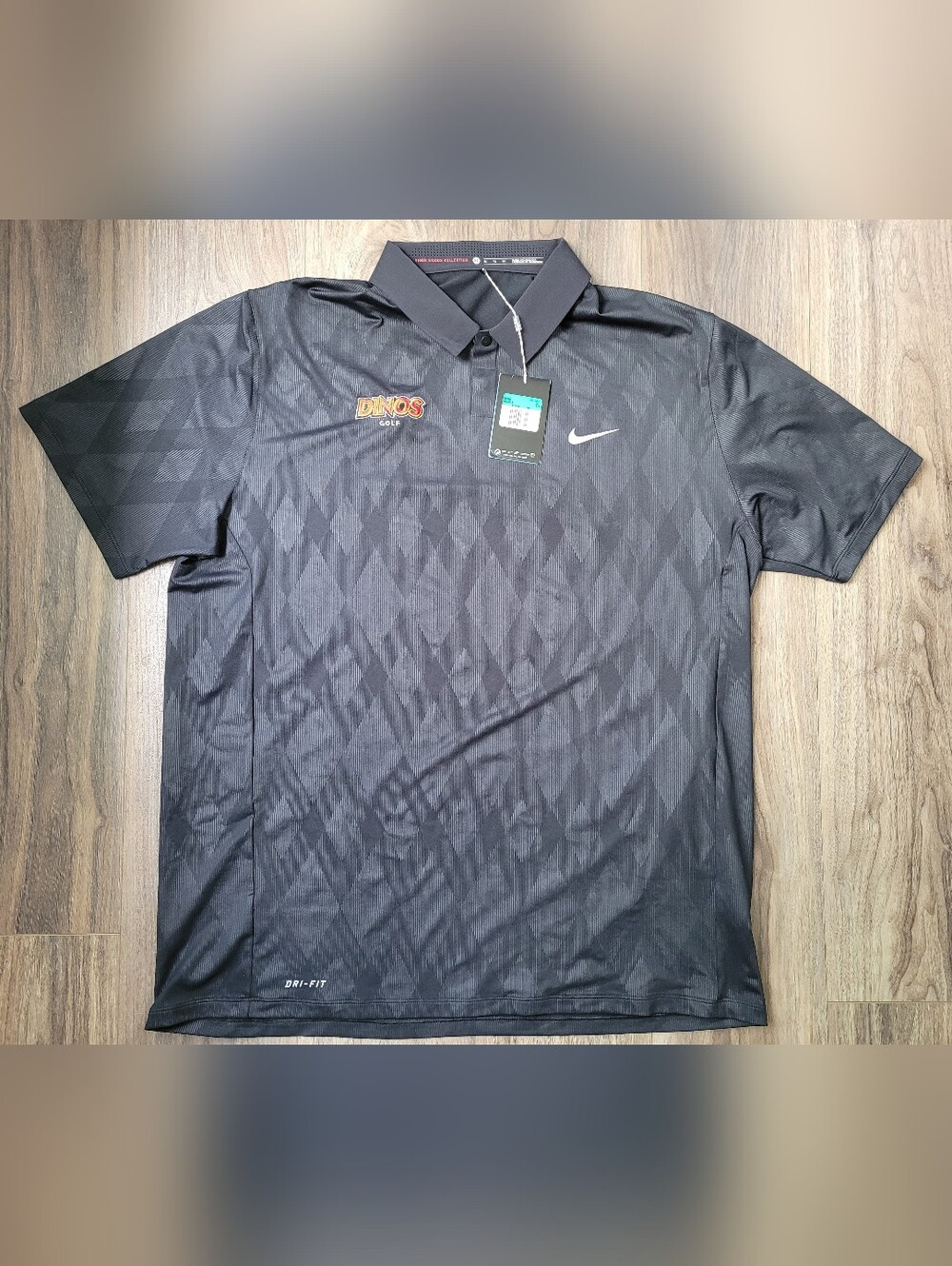 Nike Dri-FIT Men’s Black Diamond-Pattern Golf Polo with Dinos Golf Logo
